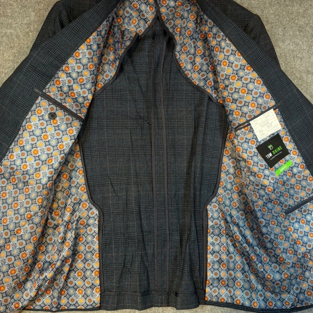 Tom Baine Mens Blue Glen Plaid Stretch Slim Fit Blazer Jacket 2XL 46 TBP81-1 NWT